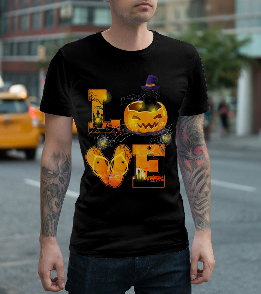 LOVE Halloween Pumpkin Witch Hat Standard Schnauzer Spooky Scene T-Shirt