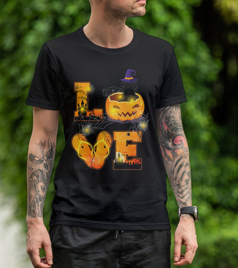 LOVE Halloween Pumpkin Witch Hat Standard Schnauzer Spooky Scene T-Shirt