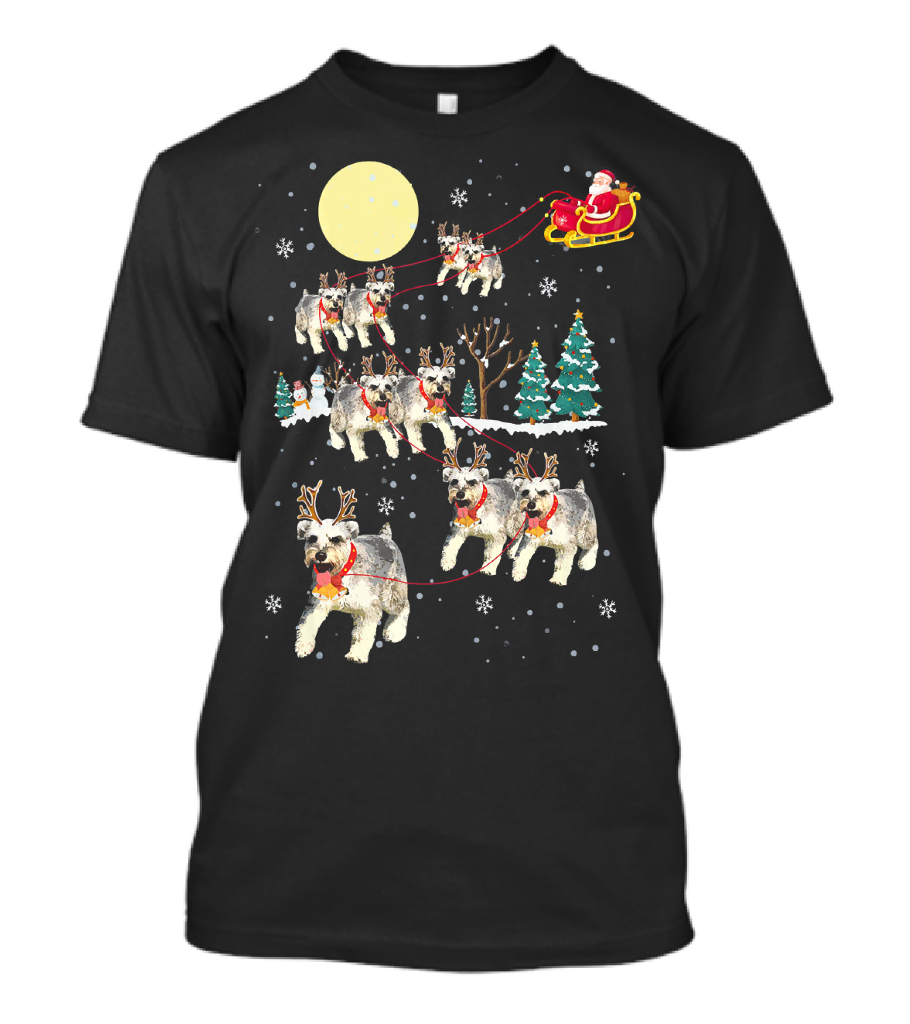 Christmas Santa Sleigh Reindeer Schnauzer Dog Snowflakes T-Shirt