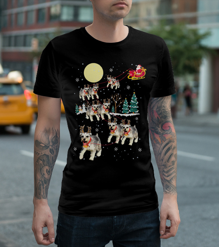 Christmas Santa Sleigh Reindeer Schnauzer Dog Snowflakes T-Shirt