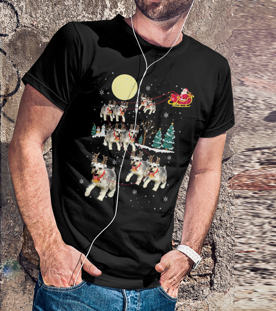Christmas Santa Sleigh Reindeer Schnauzer Dog Snowflakes T-Shirt
