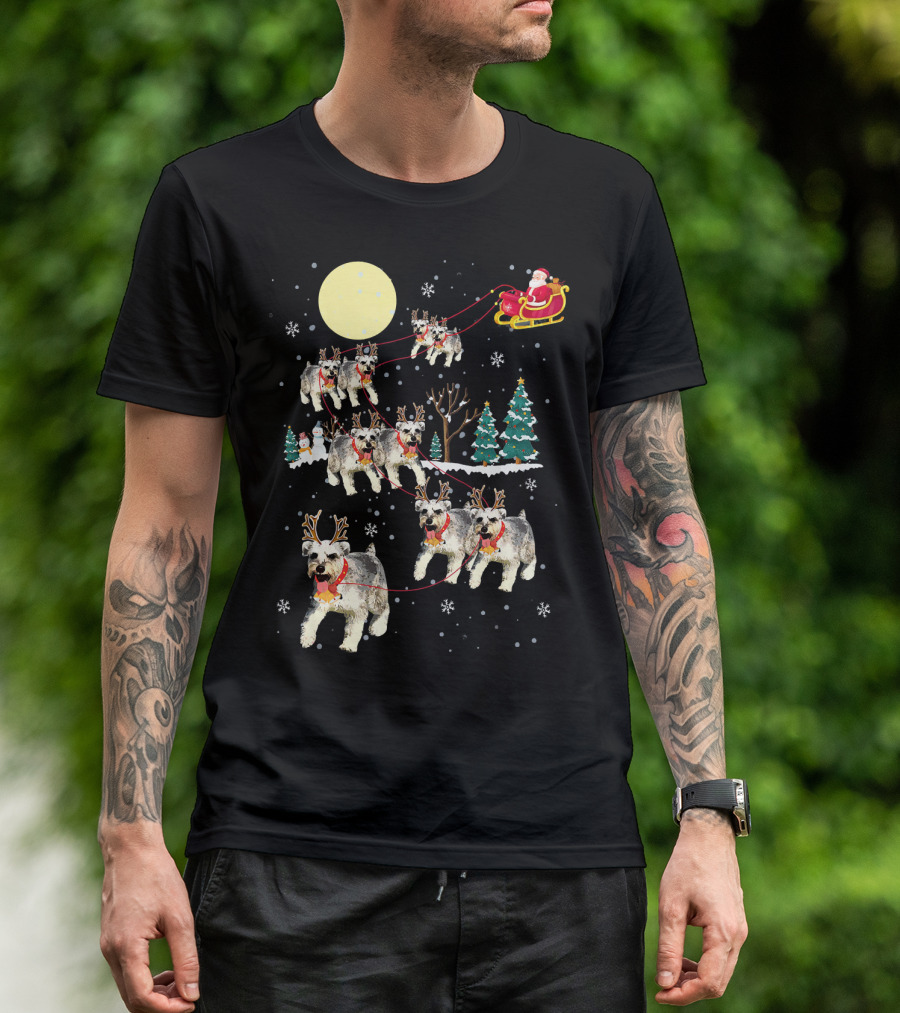 Christmas Santa Sleigh Reindeer Schnauzer Dog Snowflakes T-Shirt