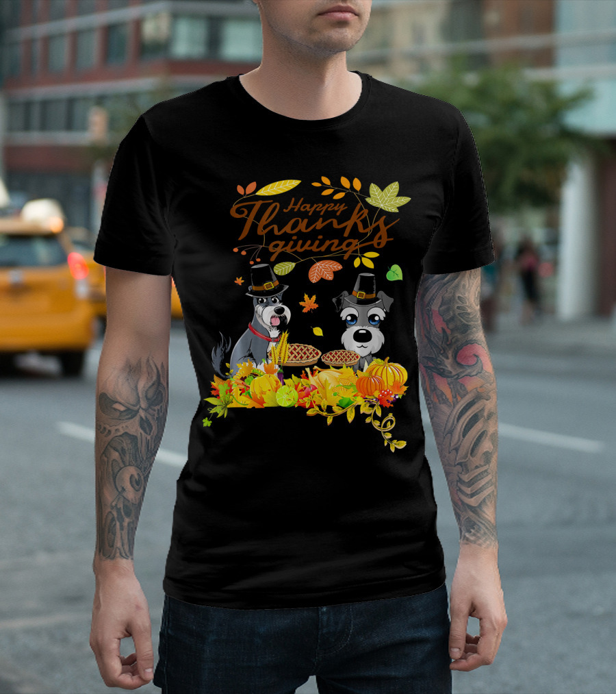Happy Thanksgiving Pilgrim Miniature Schnauzers with Pie and Pumpkins T-Shirt