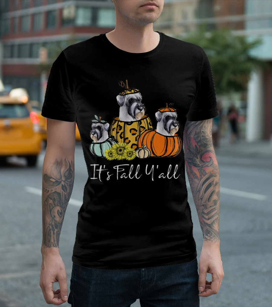It's Fall Y'all Schnauzer Dogs in Pumpkin Costumes with Sunflowers T-Shirt