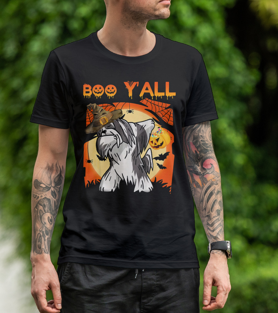 Lhasa Apso Dabbing Halloween Boo Yall Ghost Pumpkin Hat Spiders Bats T-Shirt