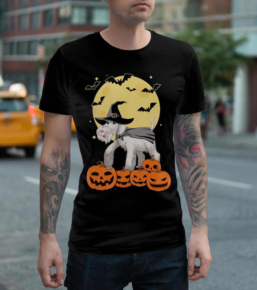 Happy Halloween Miniature Schnauzer Witch with Pumpkins and Bats T-Shirt