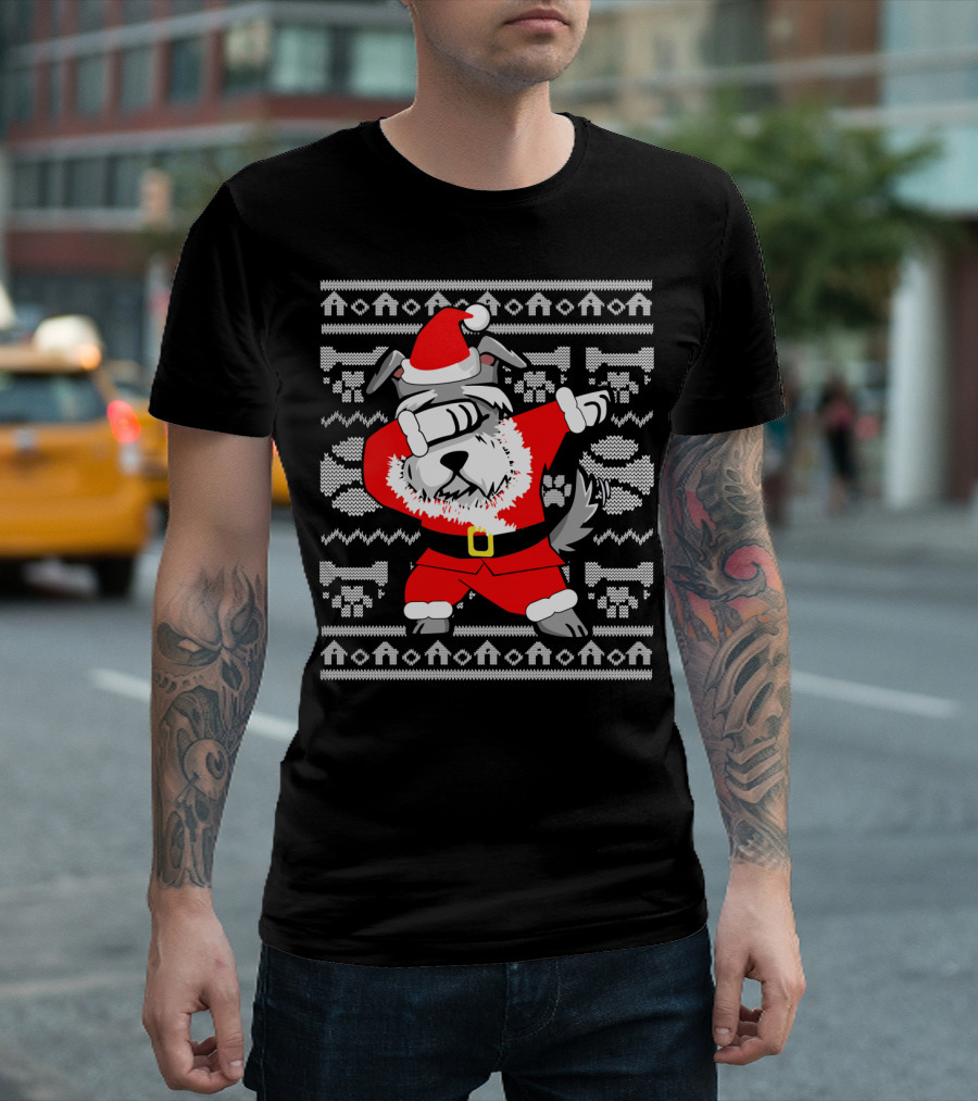 Funny Dabbing Schnauzer Dog In Santa Claus Outfit Holiday T-Shirt