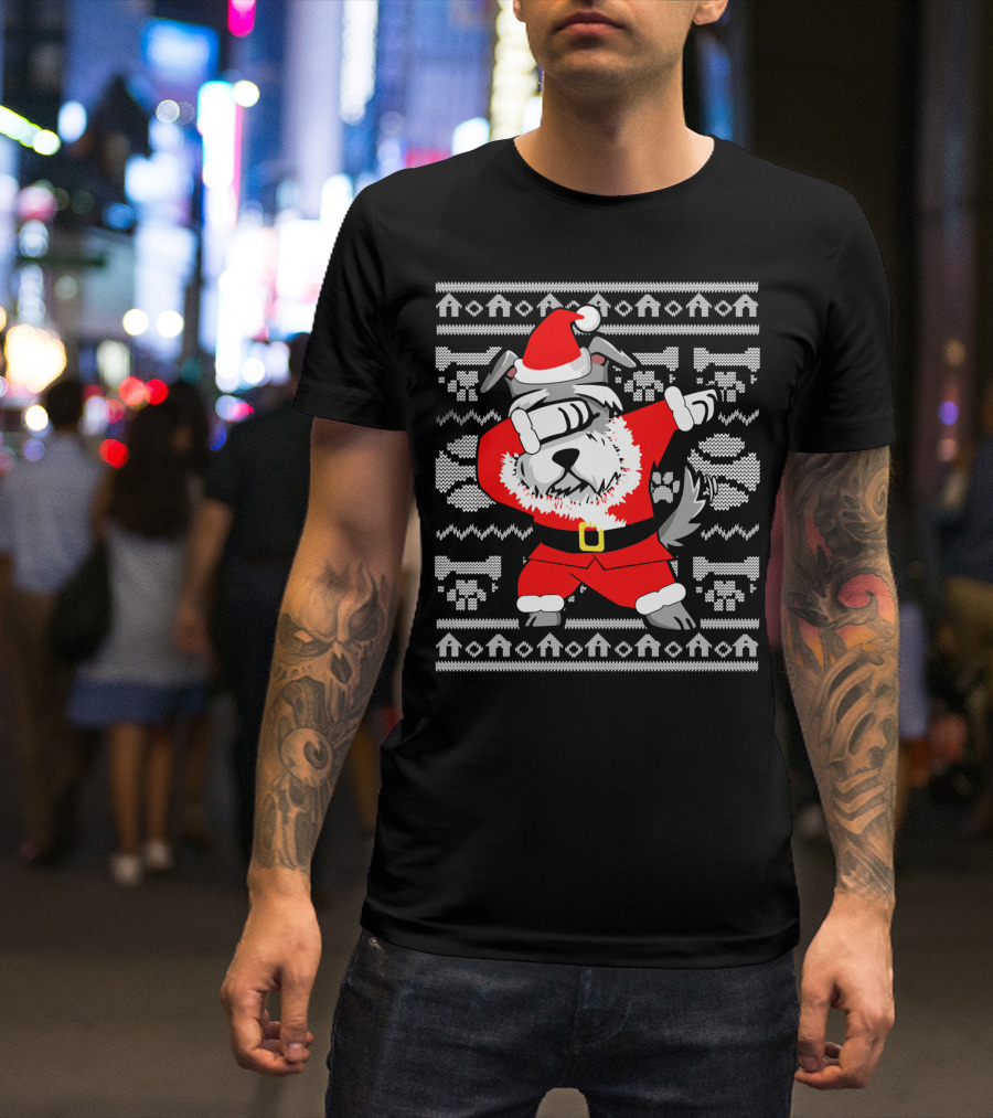 Funny Dabbing Schnauzer Dog In Santa Claus Outfit Holiday T-Shirt