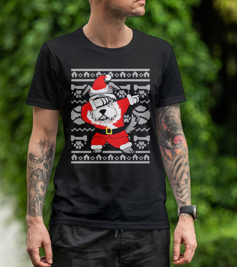 Funny Dabbing Schnauzer Dog In Santa Claus Outfit Holiday T-Shirt