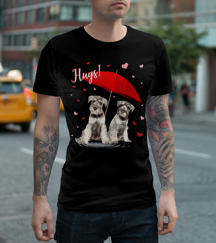 Hugs Miniature Schnauzer Pair Under Red Umbrella T-Shirt