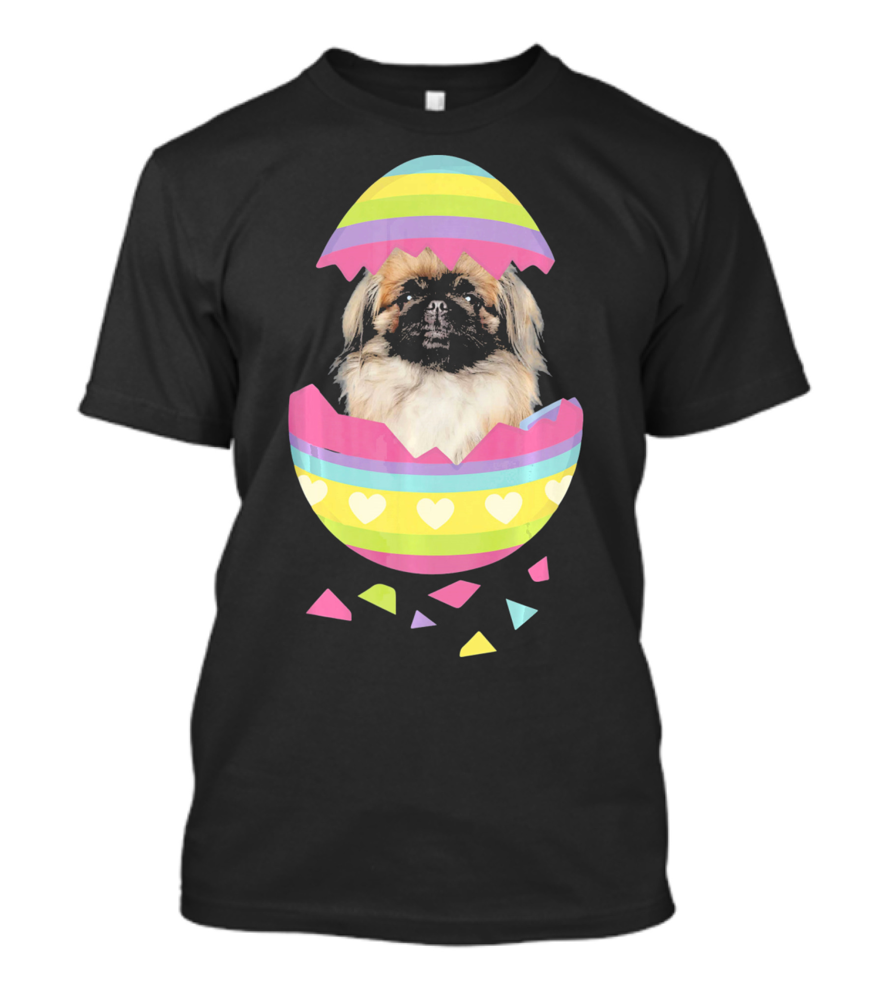Pekingese In Colorful Striped Easter Egg With Hearts T-Shirt