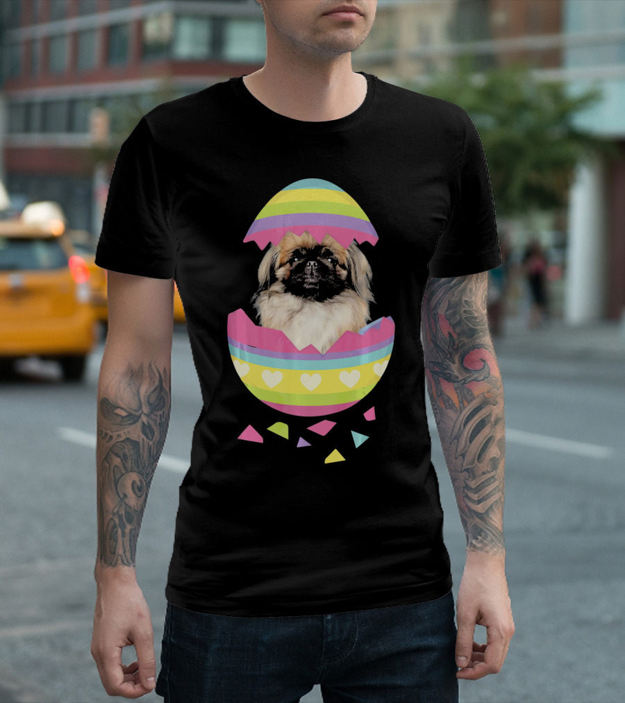 Pekingese In Colorful Striped Easter Egg With Hearts T-Shirt