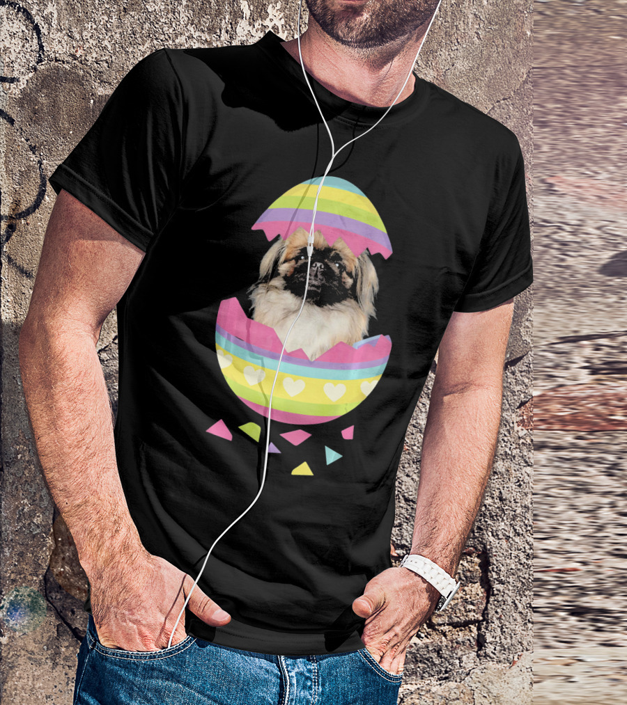 Pekingese In Colorful Striped Easter Egg With Hearts T-Shirt