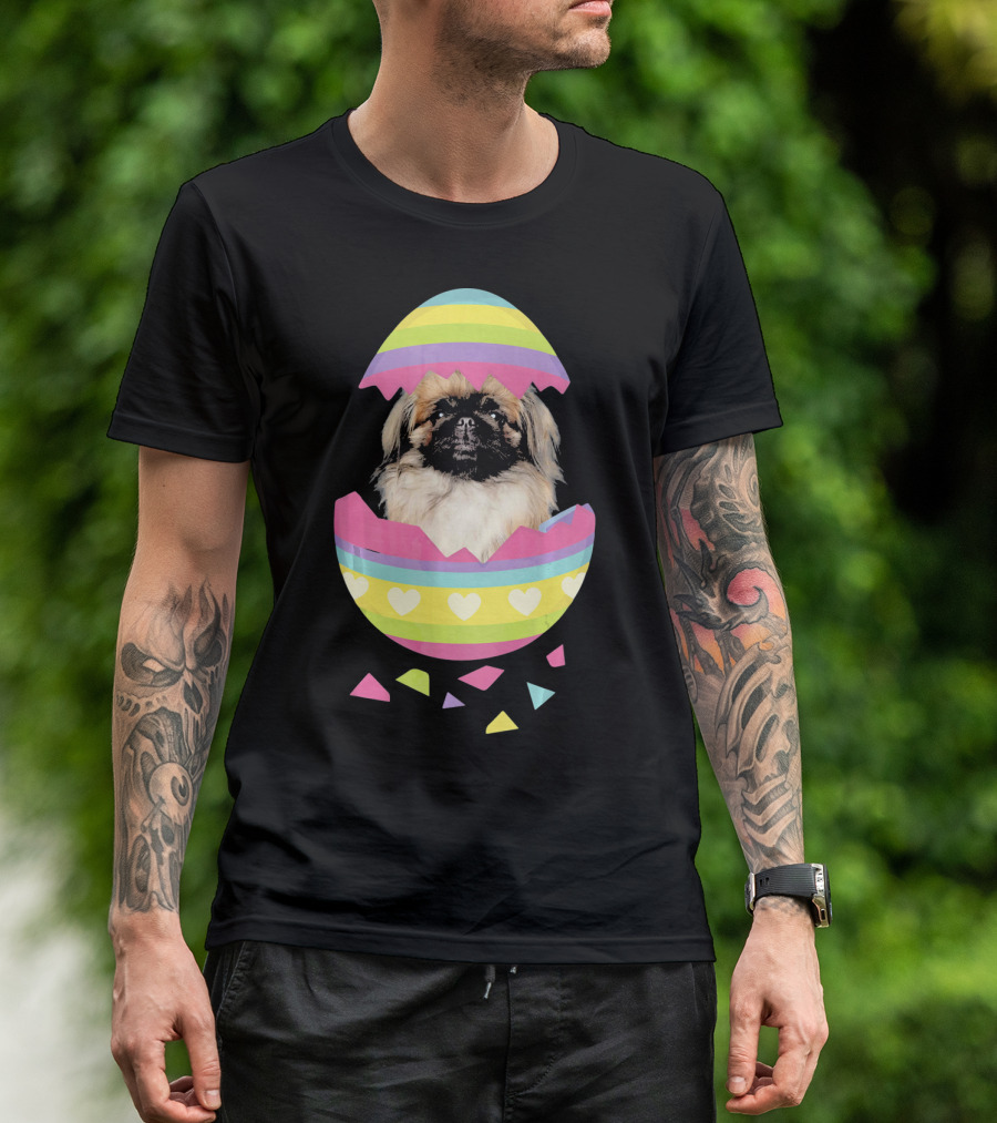 Pekingese In Colorful Striped Easter Egg With Hearts T-Shirt