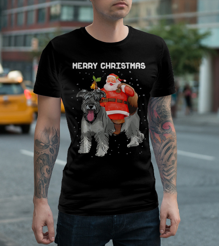 Merry Christmas Funny Santa Riding Schnauzer Dog T-Shirt
