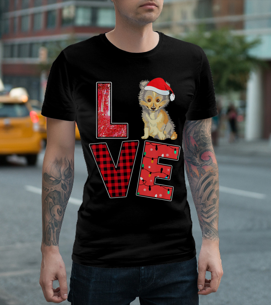 LOVE Christmas Sheltie Santa Hat Lights T-Shirt
