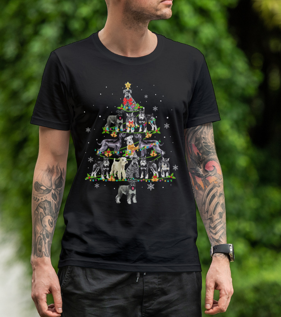 Cute Miniature Schnauzer Christmas Tree With Dogs And Snowflakes T-Shirt