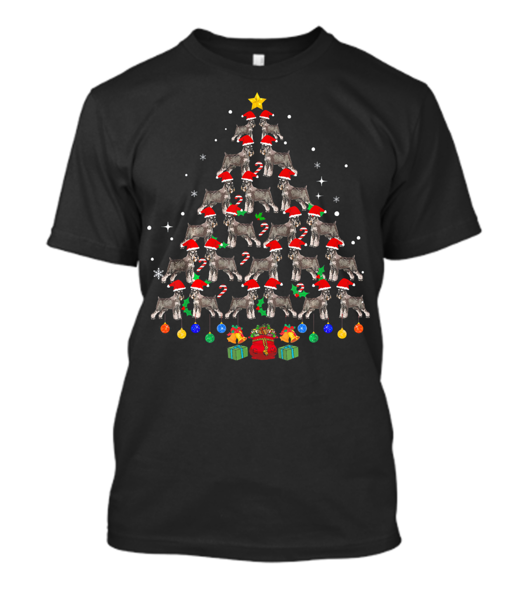 Funny Schnauzer Christmas Tree With Santa Hats And Gifts T-Shirt
