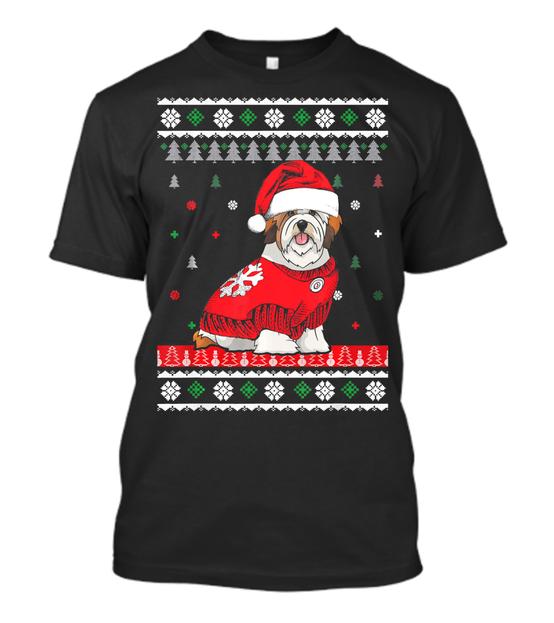 Cute Dog Lhasa Apso Santa Hat Christmas Sweater Holiday T-Shirt