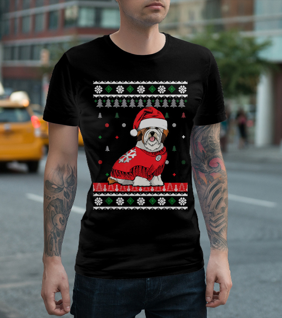 Cute Dog Lhasa Apso Santa Hat Christmas Sweater Holiday T-Shirt