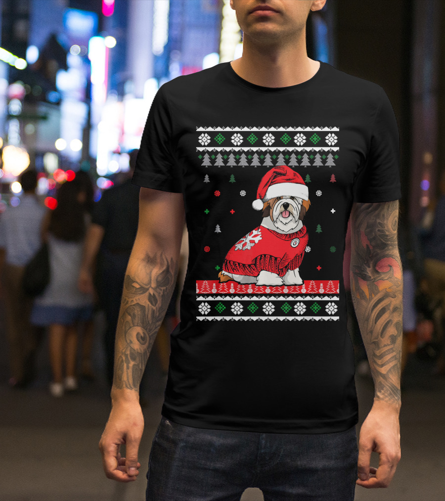 Cute Dog Lhasa Apso Santa Hat Christmas Sweater Holiday T-Shirt