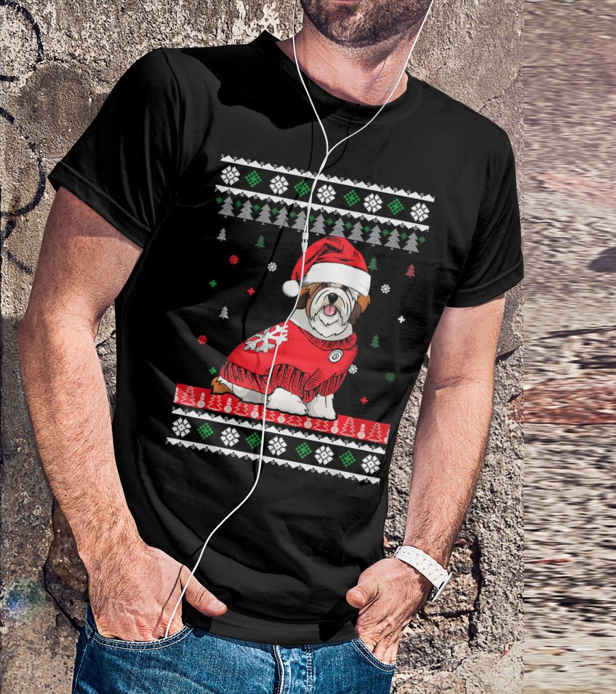Cute Dog Lhasa Apso Santa Hat Christmas Sweater Holiday T-Shirt