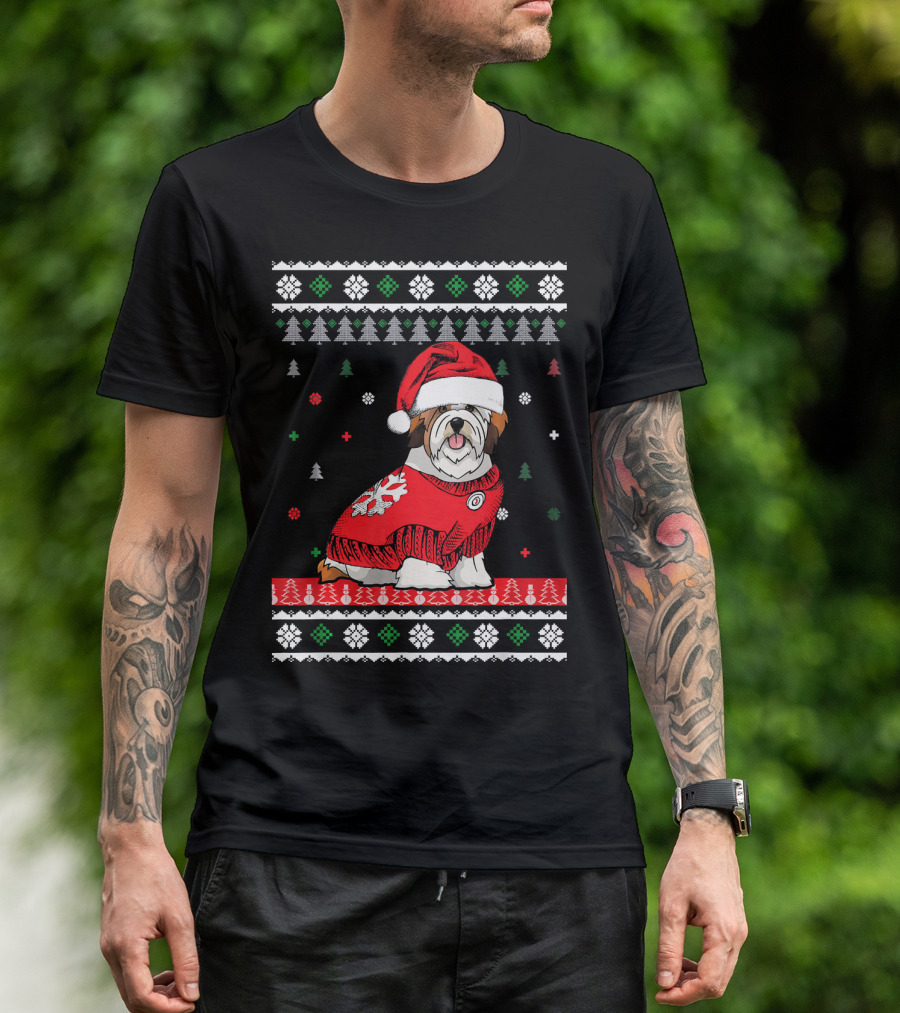 Cute Dog Lhasa Apso Santa Hat Christmas Sweater Holiday T-Shirt
