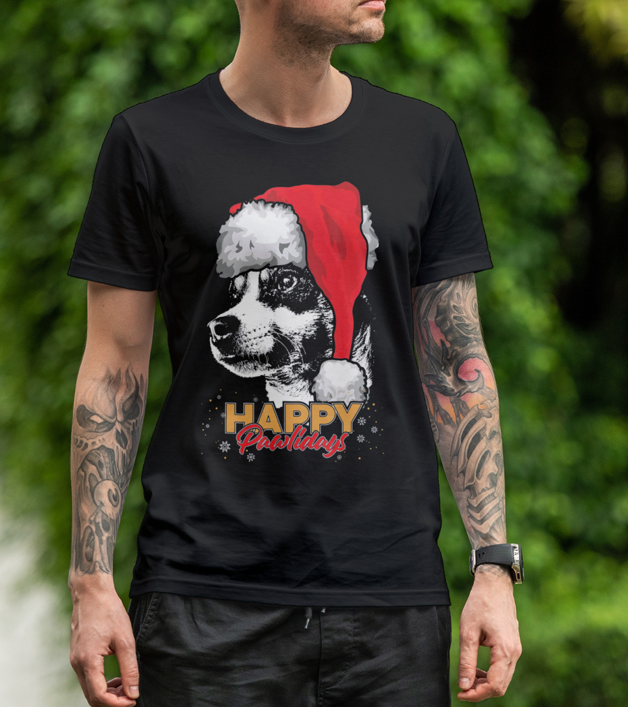 Happy Pawlidays Funny Christmas Rat Terrier Christmas Hat T-Shirt