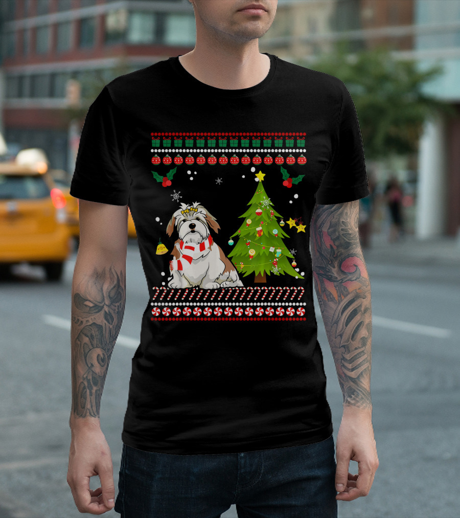 Lhasa Apso Christmas Dog with Pine Tree and Festive Ornaments T-Shirt