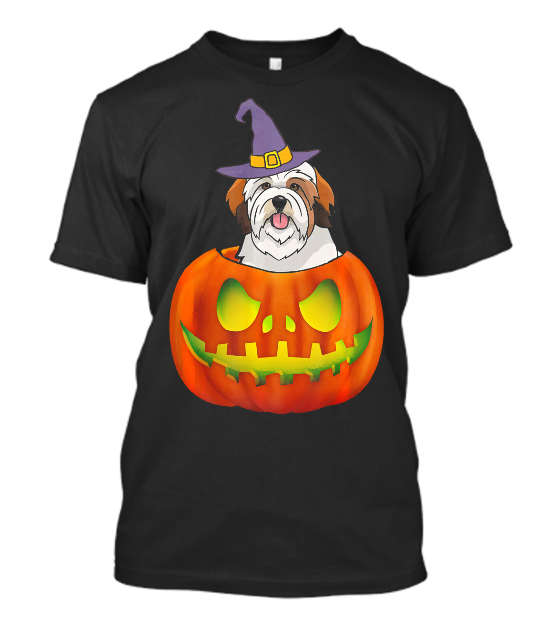 Lhasa Apso Halloween Costume Funny Pumpkin Dog In Witch Hat Scary T-Shirt