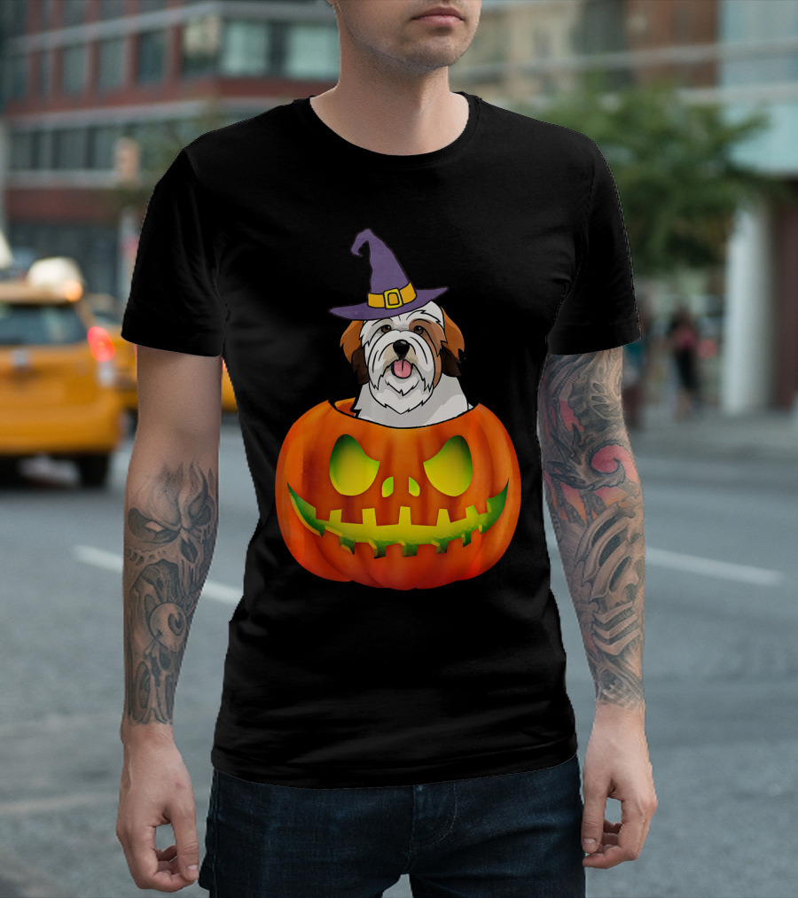 Lhasa Apso Halloween Costume Funny Pumpkin Dog In Witch Hat Scary T-Shirt