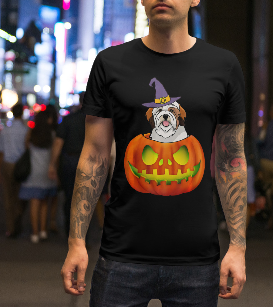 Lhasa Apso Halloween Costume Funny Pumpkin Dog In Witch Hat Scary T-Shirt