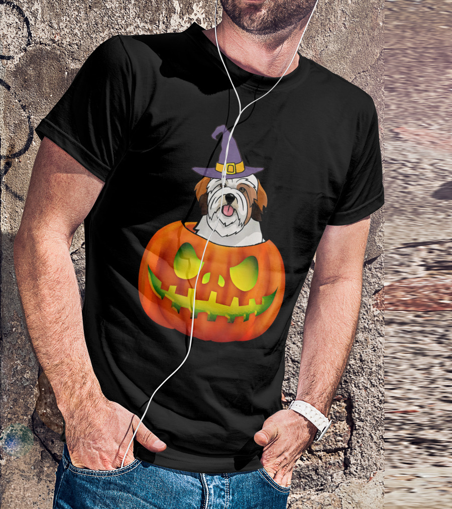 Lhasa Apso Halloween Costume Funny Pumpkin Dog In Witch Hat Scary T-Shirt