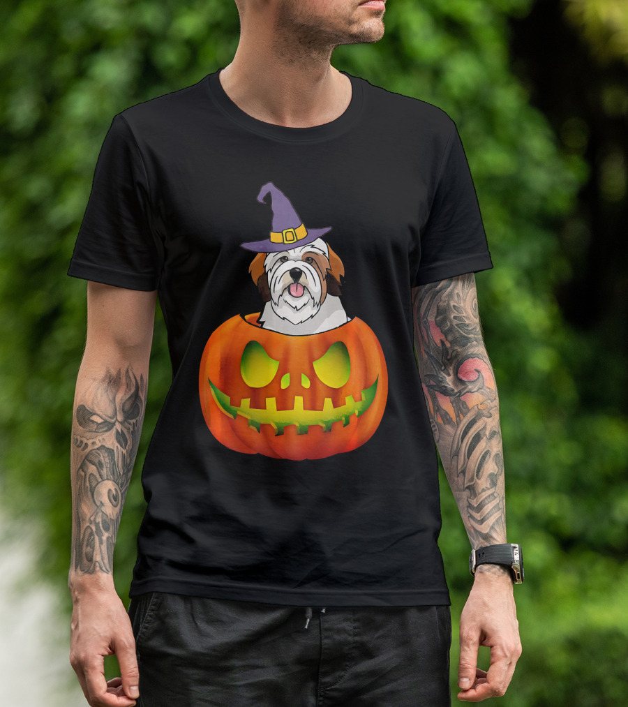Lhasa Apso Halloween Costume Funny Pumpkin Dog In Witch Hat Scary T-Shirt