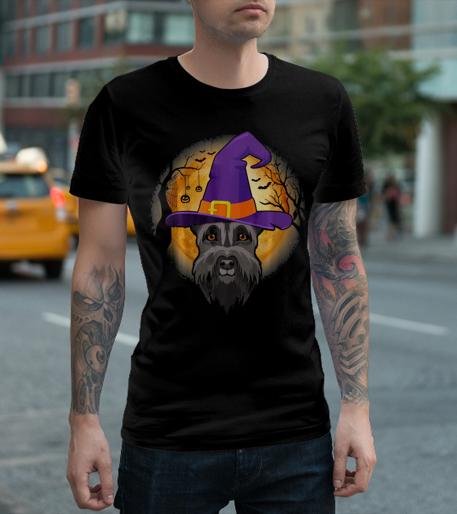 Giant Schnauzer Witch Halloween Moon Bats Jack-o'-Lanterns T-Shirt
