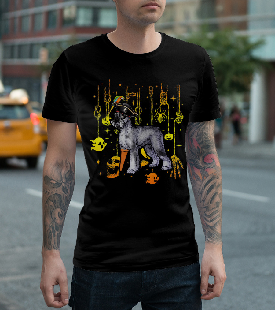 Giant Schnauzer Pirate Halloween Dog with Parrot and Spooky Decorations T-Shirt