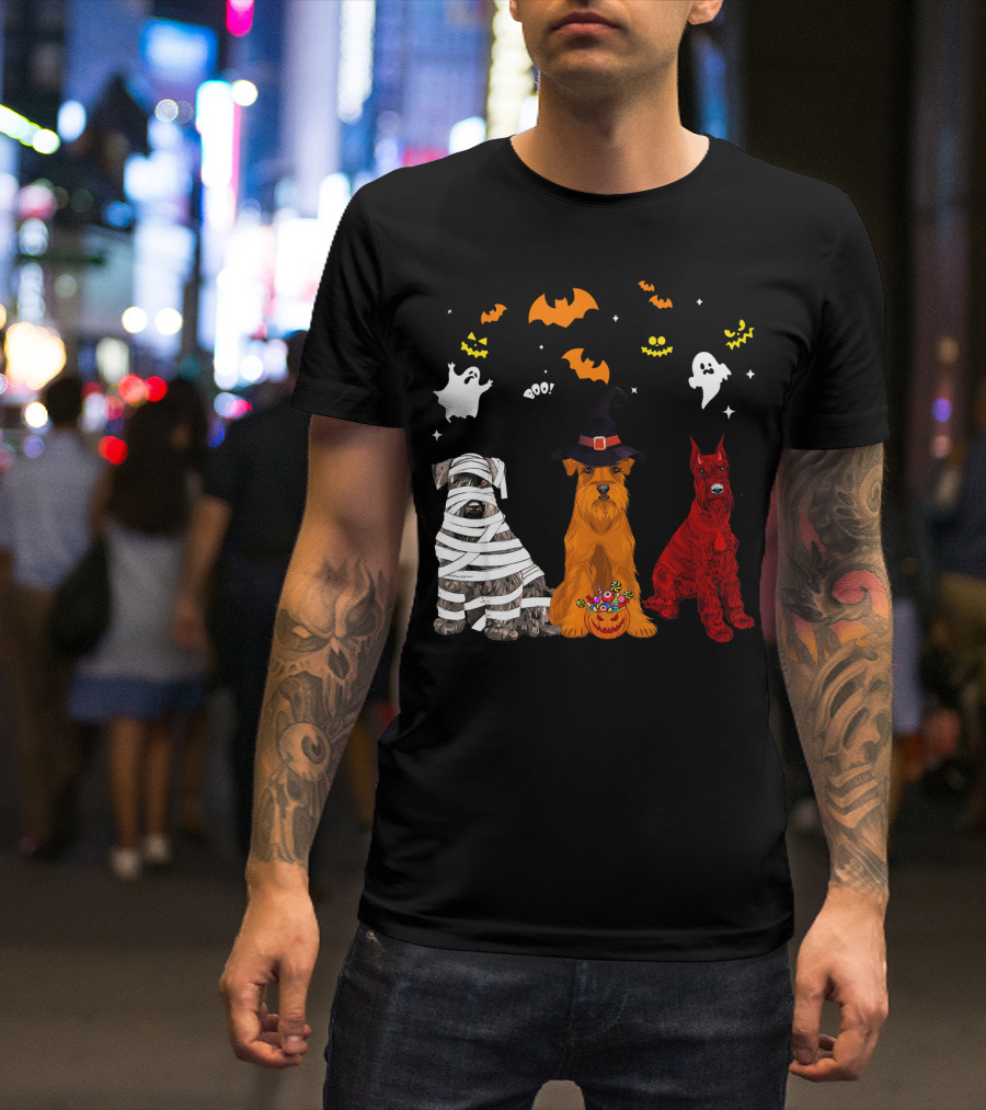 Halloween Schnauzer Dogs Lovers Mummy Witch Ghosts Bats T-Shirt