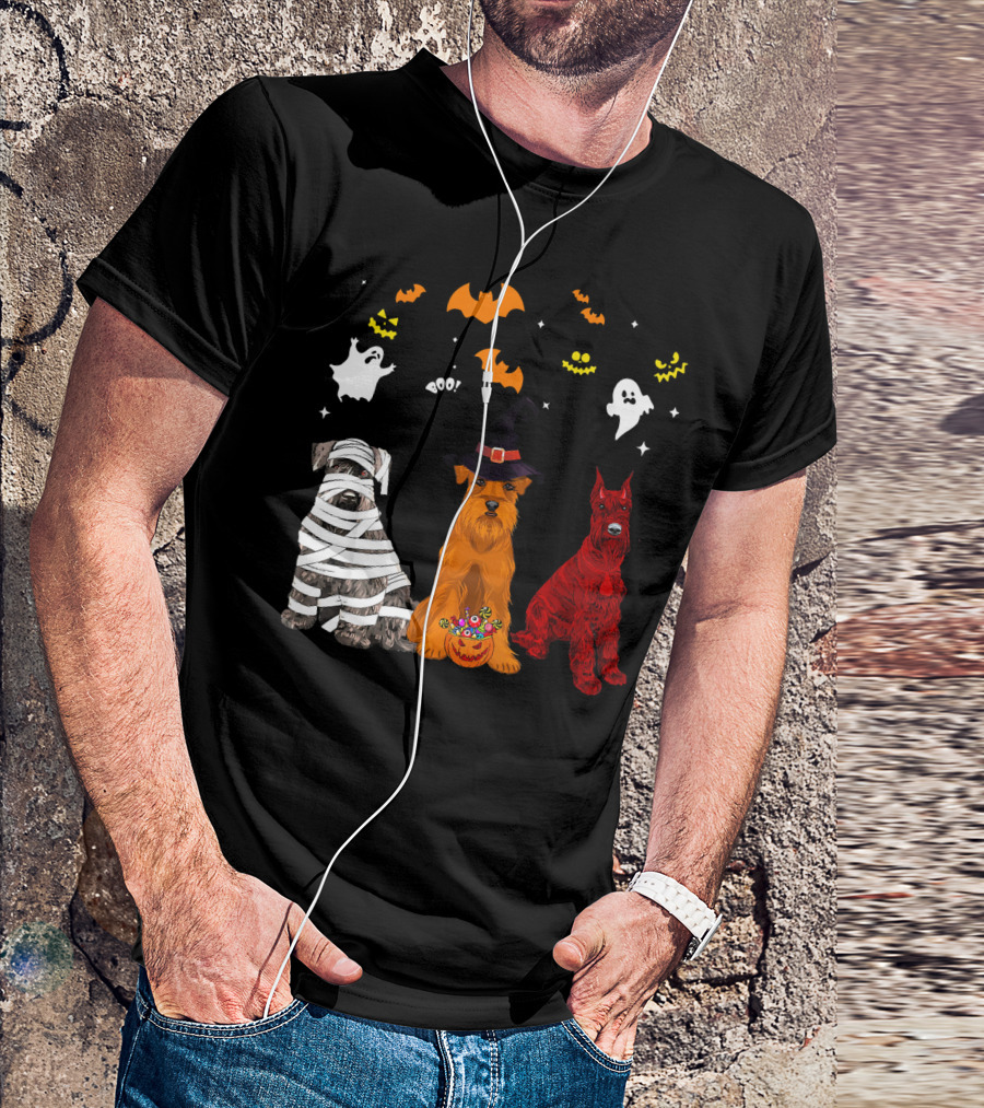 Halloween Schnauzer Dogs Lovers Mummy Witch Ghosts Bats T-Shirt
