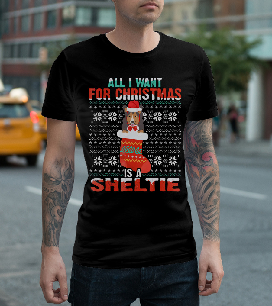 All I Want For Christmas Is A Sheltie In Festive Stocking With Ugly T-Shirt