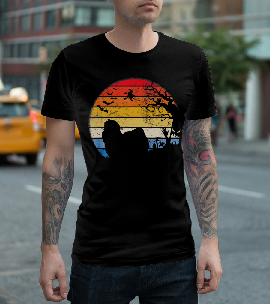 Lhasa Apso Witch and Bats Silhouette with Sunset Halloween Scene T-Shirt