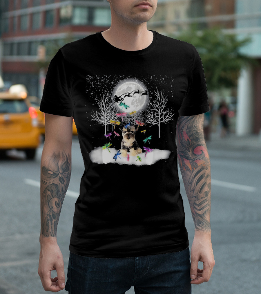 Cute Schnauzer Christmas Snow with Colorful Dragonflies and Santa's Sleigh T-Shirt