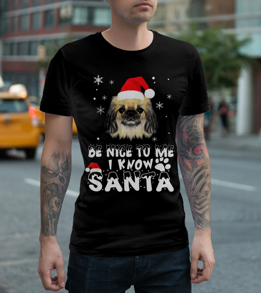 Be Nice To Me I Know Santa Pekingese Dog Christmas Snowflakes T-Shirt