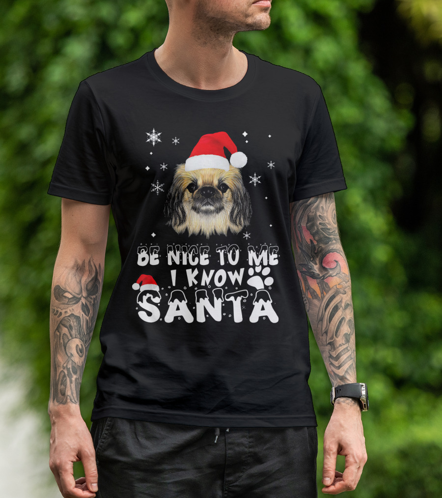 Be Nice To Me I Know Santa Pekingese Dog Christmas Snowflakes T-Shirt