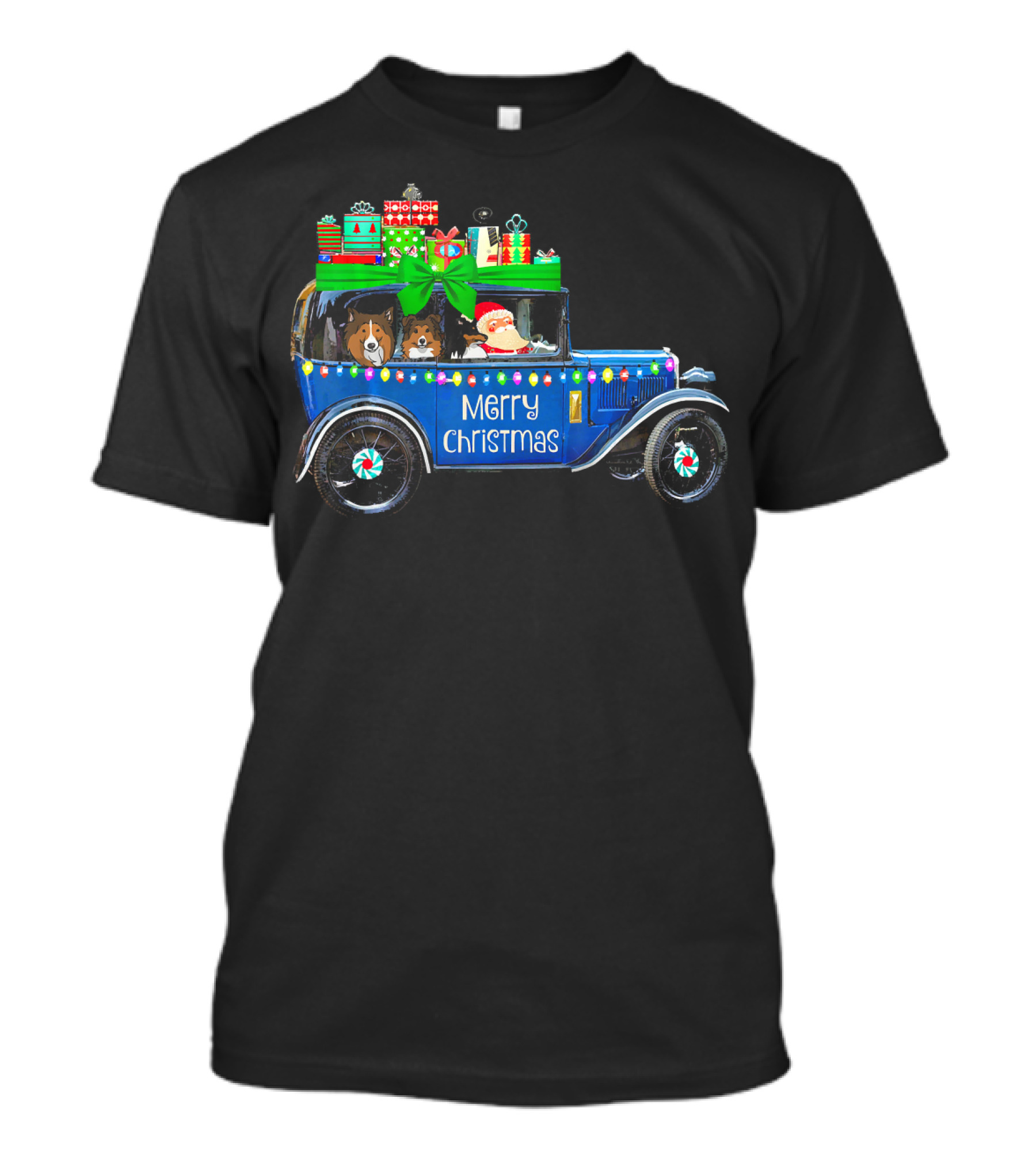 Merry Christmas Cute Sheltie In Vintage Car With Presents T-Shirt