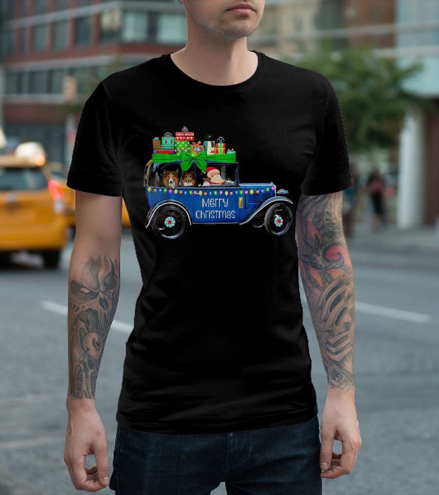 Merry Christmas Cute Sheltie In Vintage Car With Presents T-Shirt