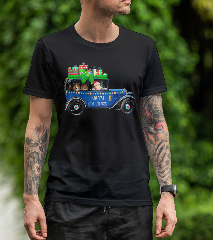 Merry Christmas Cute Sheltie In Vintage Car With Presents T-Shirt