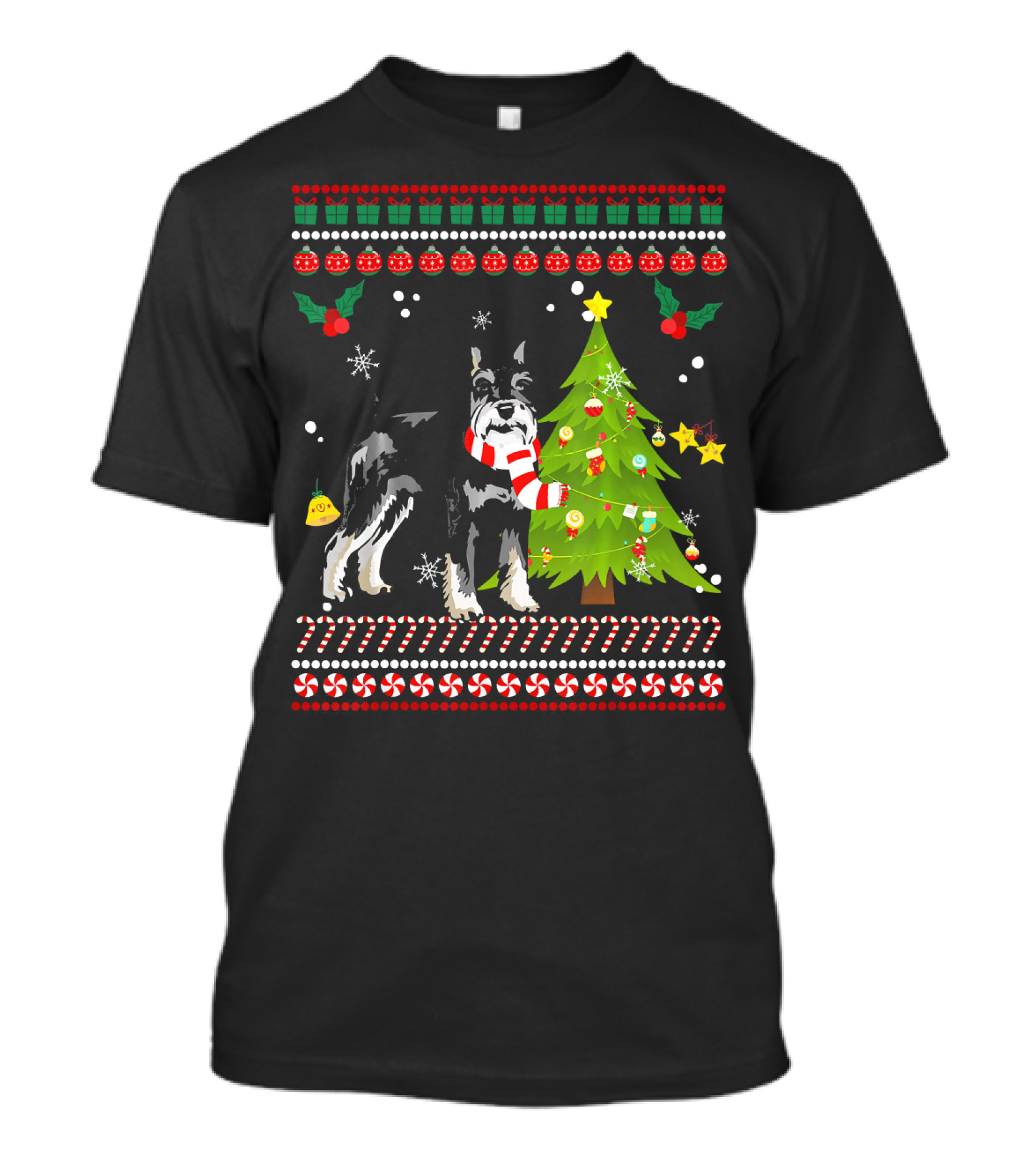 Cute Schnauzer Christmas Pine Dog With Tree And Candy Cane Snowflakes T-Shirt