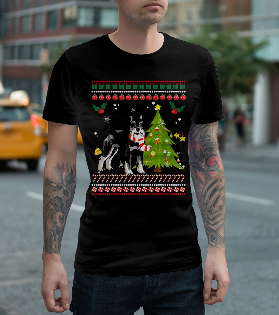 Cute Schnauzer Christmas Pine Dog With Tree And Candy Cane Snowflakes T-Shirt