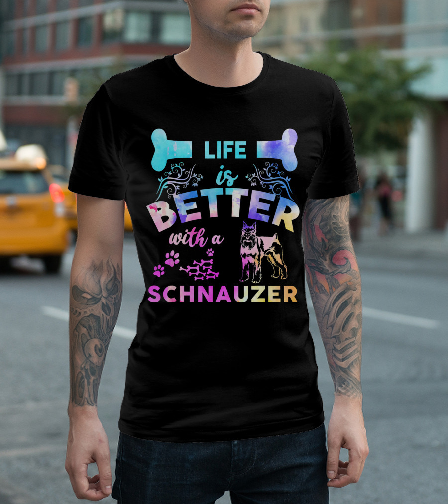 Life Is Better With A Schnauzer Colorful Dog Bones And Paws T-Shirt