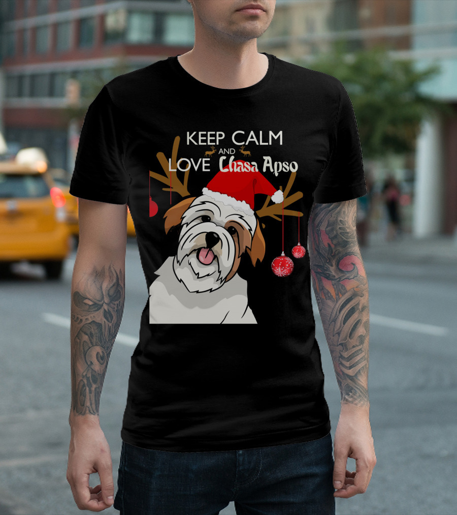 Keep Calm And Love Lhasa Apso Reindeer Santa Hat T-Shirt